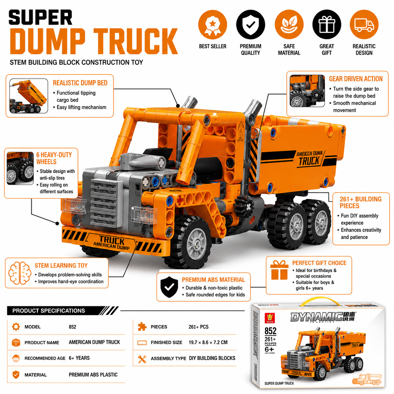 Camion benne de chantier 6 roues haut de gamme – Ensemble de construction | Jouet d'ingénierie éducatif STEM pour enfants | Cadeau créatif à monter soi-même