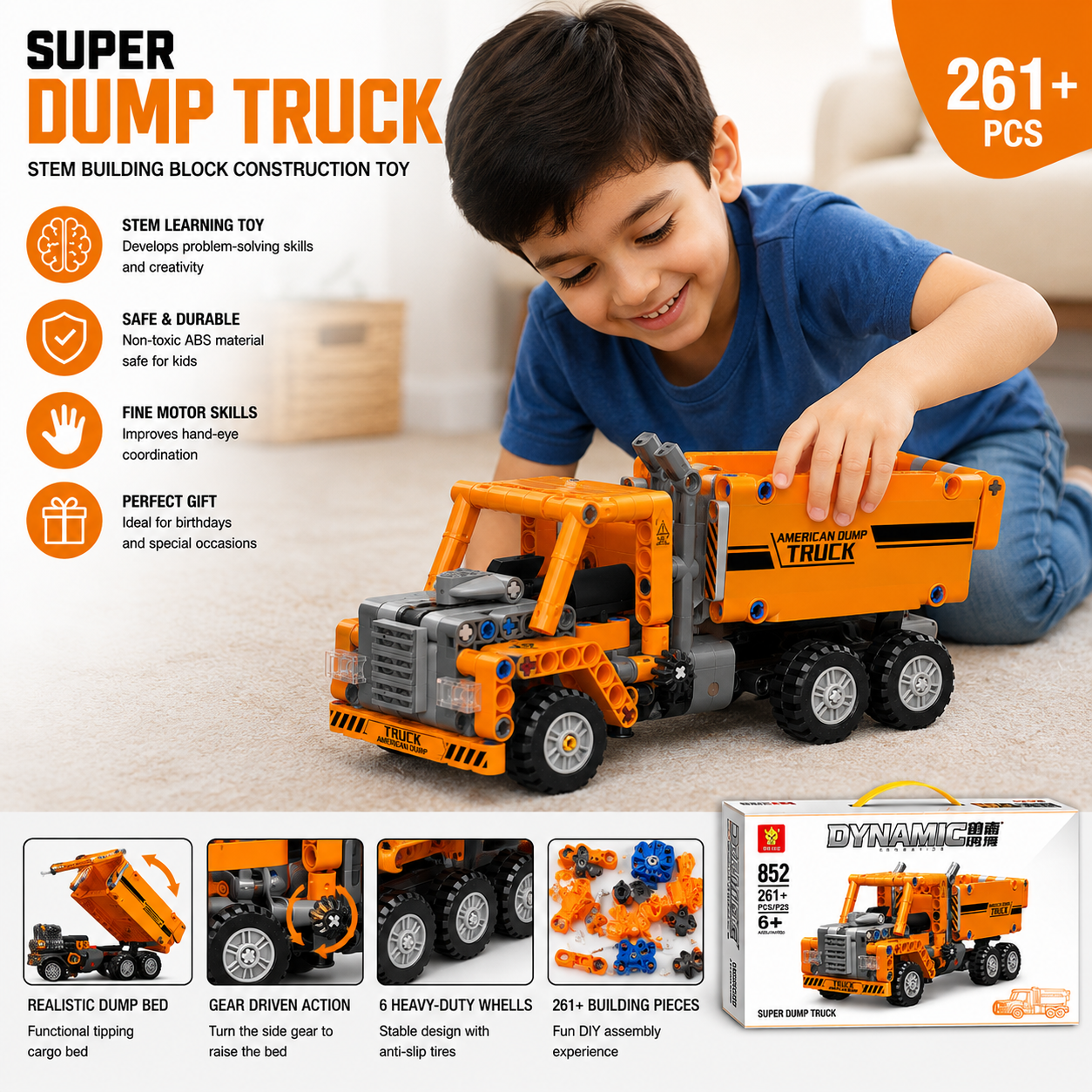 Camion benne de chantier 6 roues haut de gamme – Ensemble de construction | Jouet d'ingénierie éducatif STEM pour enfants | Cadeau créatif à monter soi-même