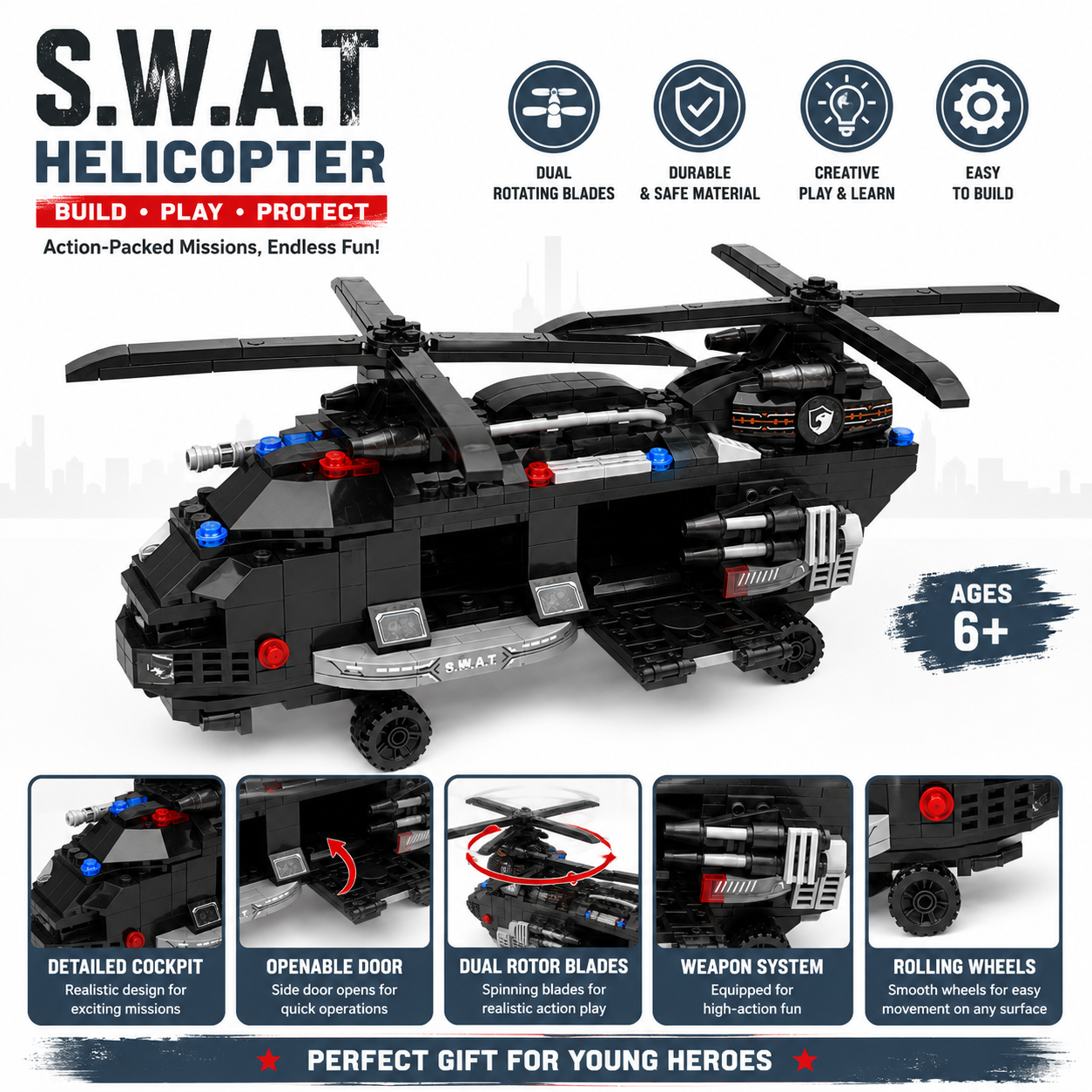 Ensemble de blocs de construction d'hélicoptère SWAT militaire d'élite pour enfants | Jouet de construction éducatif STEM | Modèle de briques DIY créatif | Cadeau parfait pour garçons et filles