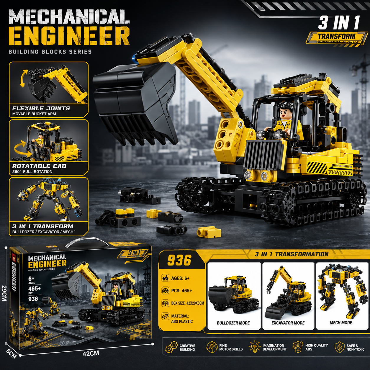 Jouet de construction pelleteuse STEM pour enfants | Véhicule d'ingénierie à construire soi-même | Jouet d'apprentissage créatif et éducatif | Cadeau sûr et durable pour garçons et filles